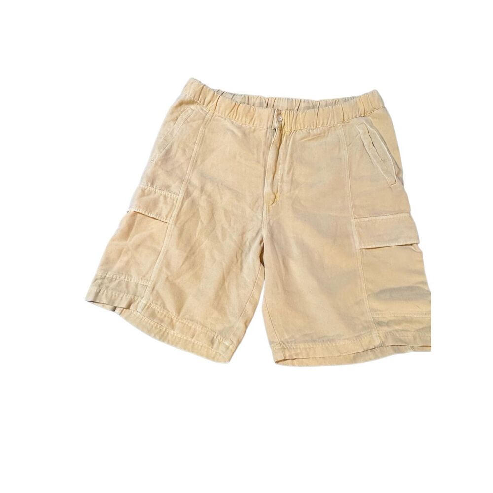 Weekendz off men elastic waist drawstring cargo yellow washed shorts 36x10